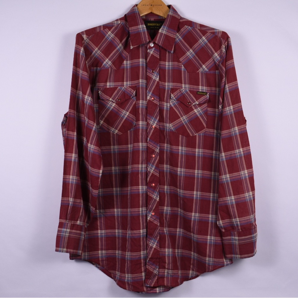 Roebucks Red Plaid Western Pearl Snap Shirt Large